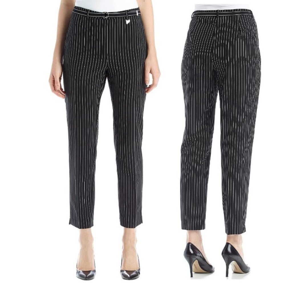 Womens Studio Works Black Pin Striped Belted Ankle Pants Size 6  side zipper NWT